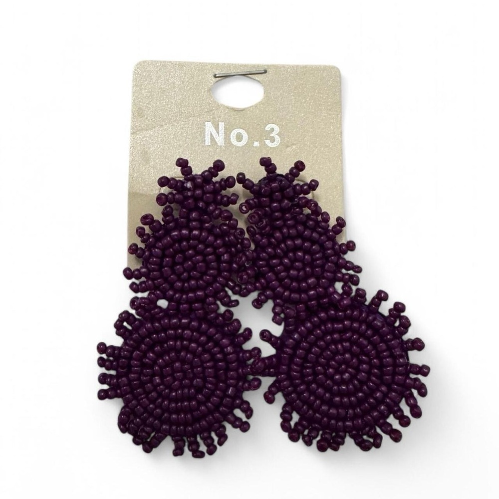 Elegant Purple Beaded Statement Drop Earrings, Round Bohemian Oversized Style